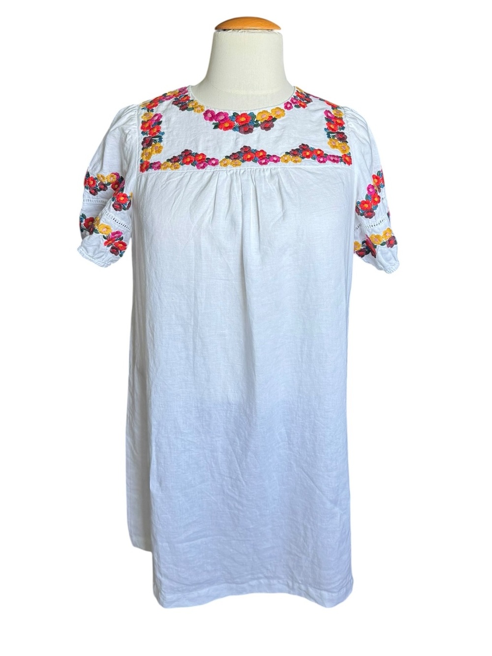 Boden White 100% Linen Embroidered Floral Shift Dress Tunic US 14L Boho Q85
